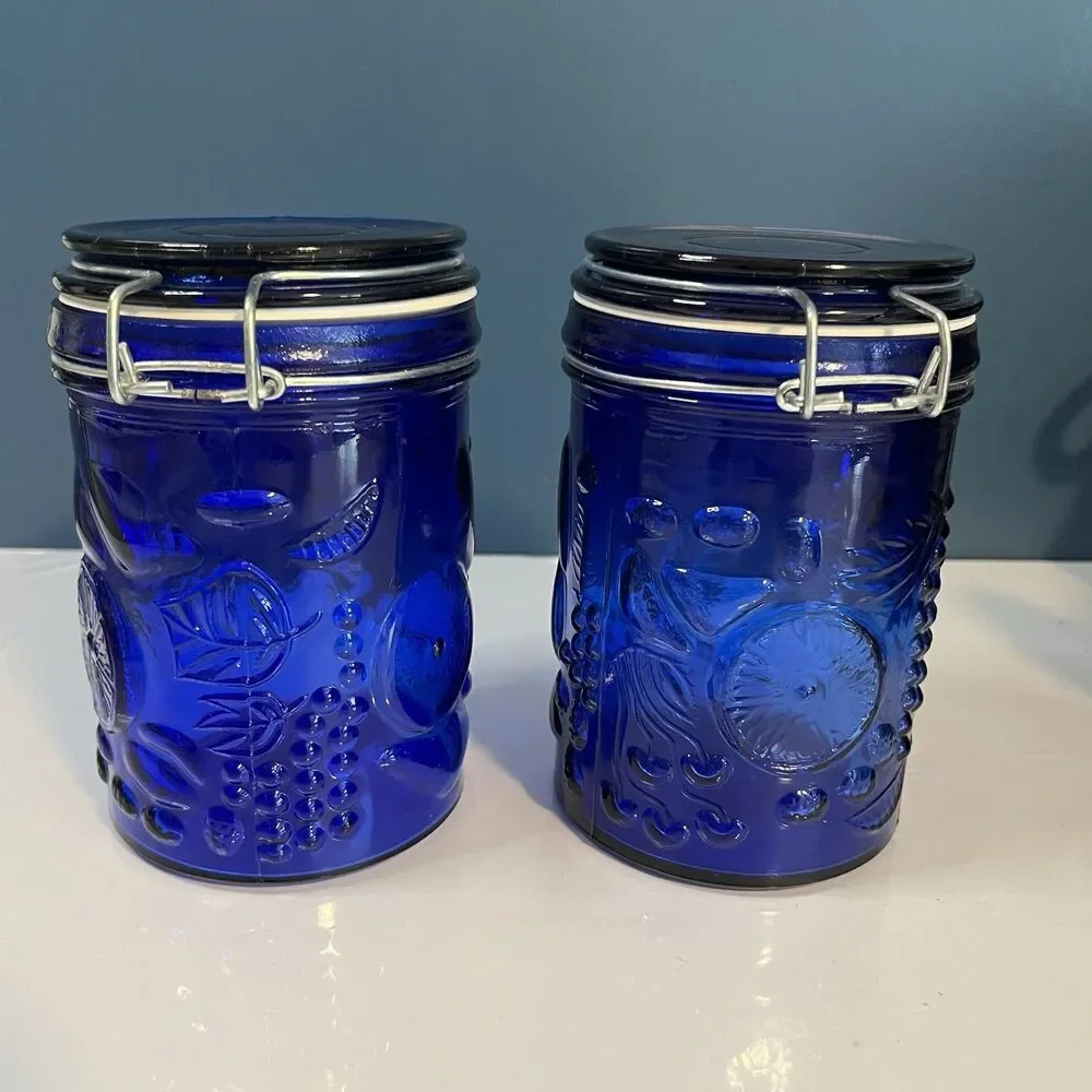 Vtg Cobalt Blue Glass Canister Jar Set (2) Hinged Wire Bail 6” Fruit Design READ